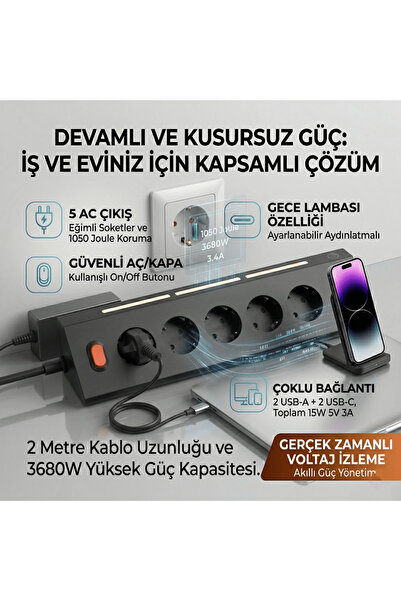 Мулти-приклучок со 5 влеза, ноќно светло и заштита од пренапон, со 2XUSB 2XType-C излези и продолжен кабел