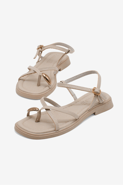 Women's Beige Comfortable Fit Cross Sandals with Ring Detail