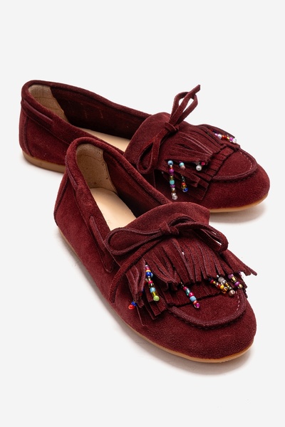 Evelyn Burgundy Suede Genuine Leather Tasseled Beaded Women's Loafer Shoes