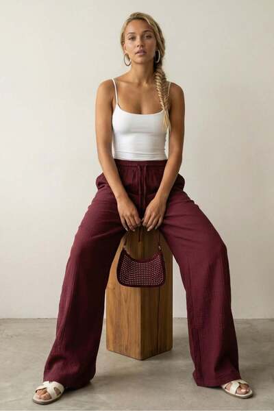 Burgundy Wide Leg Muslin Women's Trousers Mg1980