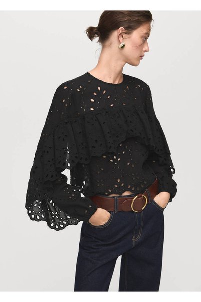 Embroidered Perforated Flounced Blouse