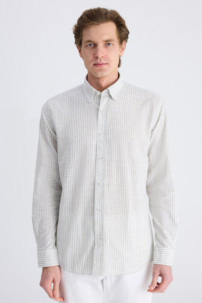 Ds Damat Slim Fit Khaki Striped Linen Blend Shirt