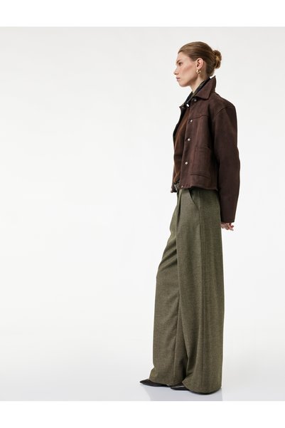 Loose Fit Pocketed Pleated Belted Palazzo Fabric Trousers