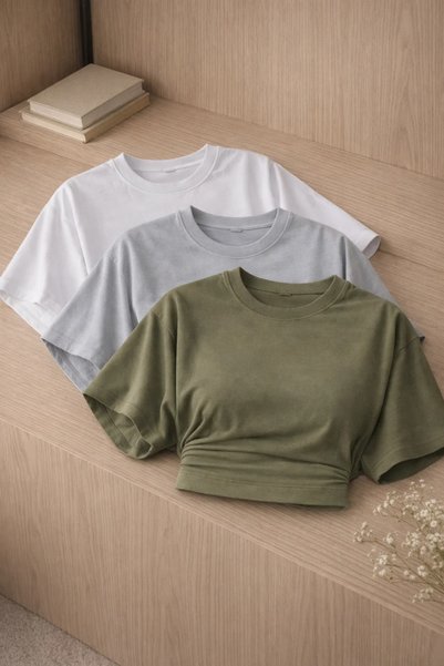Women's Crew Neck Basic 3-Piece Crop Blouse