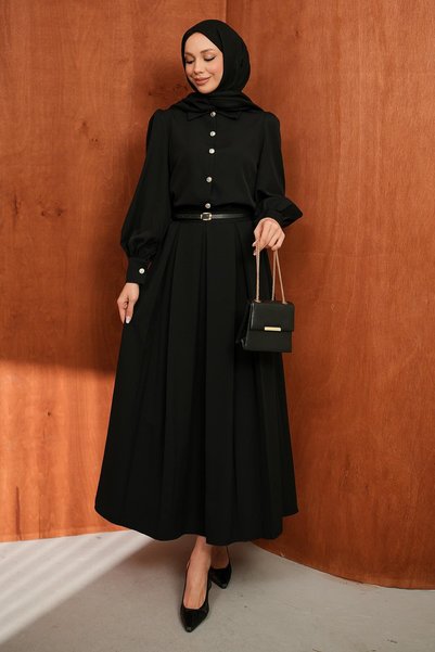 Black Buttoned Belted Shirt and Skirt Set
