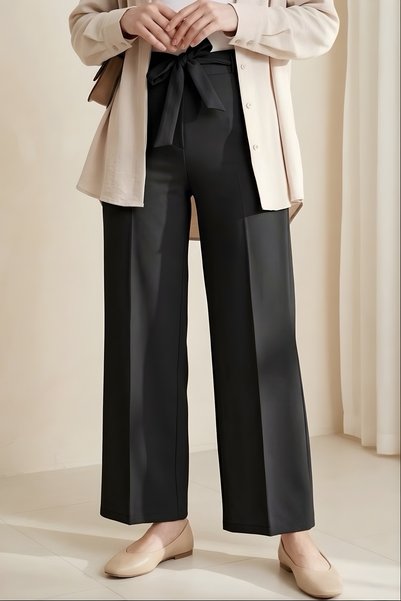 Black Waist Elastic Wide Leg Trousers