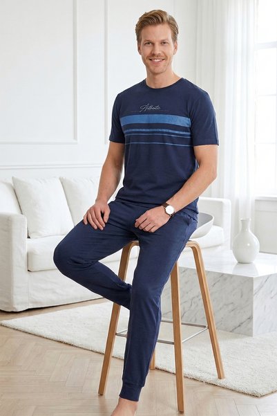 Men's Combed Cotton Short Sleeve Pajama Set 2333 Navy Blue