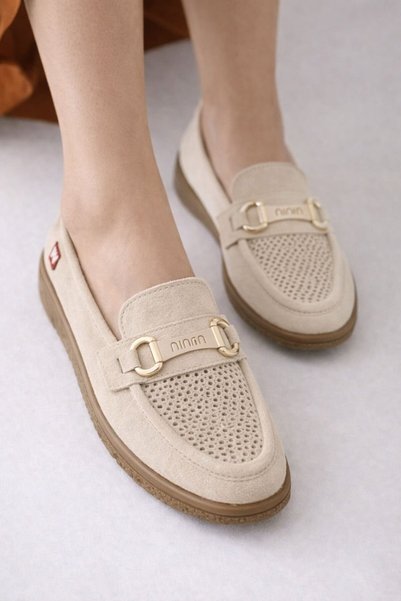 Nima Perforated Suede Women's Wanetti Daily Comfortable Orthopedic Sole Shoes with Gold Accessories