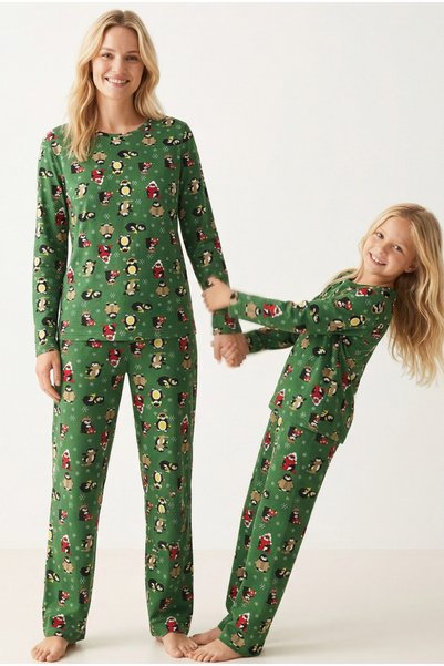 Green 100% Cotton Penguin Patterned Christmas Themed Knitted Pajama Set
