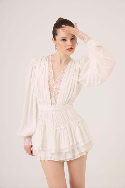 Lace Detailed Ruffled Olanna Dress White