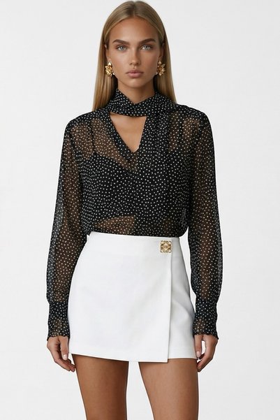 Women's Black Polka Dot V-Neck Halter Neck Detail with Gipe Detail Moss Crepe Blouse Alc-X14367