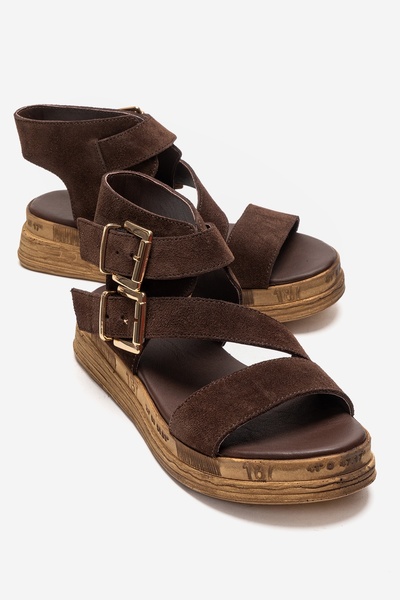 Lorentis Brown Suede Genuine Leather Double Buckle Women's Sandals