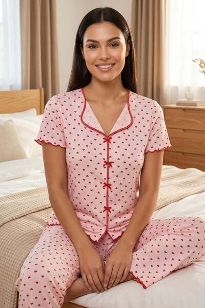 Bow Detail Soft Short Sleeve Pajama Set Pink Heart