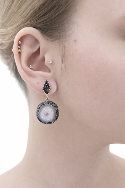 Dangling Women's Earrings with Natural Agate Stone and Black Onyx Detail