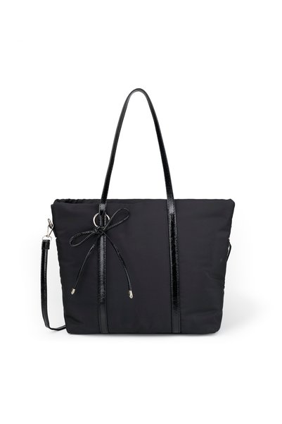 Black Shk319 Shopper Bag with Bow Charm, Zipper Closure, and Lining