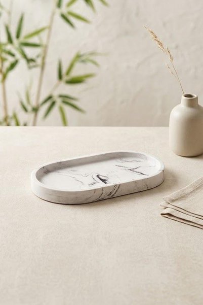 Marble Patterned Oval Stylish Presentation Plate - Breakfast and Decorative Serving Plate 23 cm