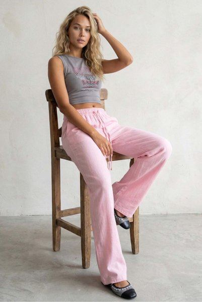 Pink Wide Leg Muslin Women's Trousers Mg1980