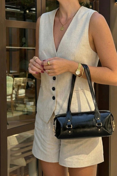 Women's Double Zippered Hand and Shoulder Bag with Internal Pocket Darvin Black
