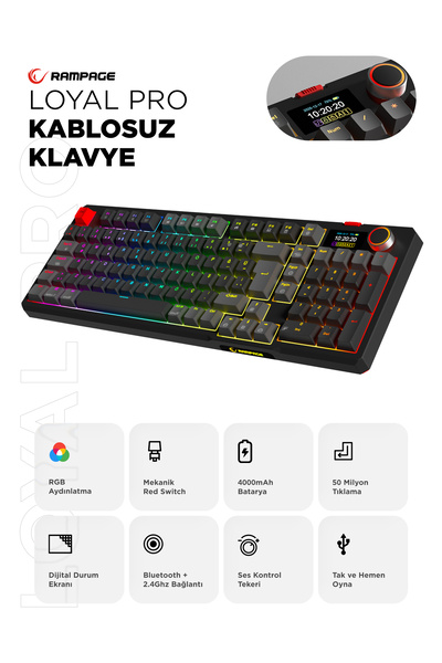 LOYAL Pro црна/сива 3 BT + 2.4 IPS екран со Red Switch RGB механичка безжична тастатура