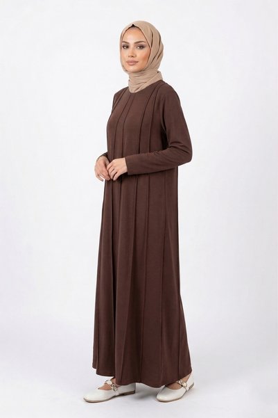 Combed Cotton Ribbed Detailed Dress 13286 Brown