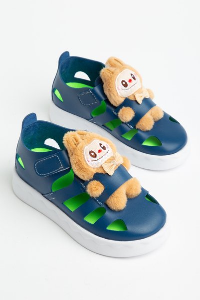 Children's Unisex Navy Blue Light Sole Teddy Bear Detailed Velcro Sandals