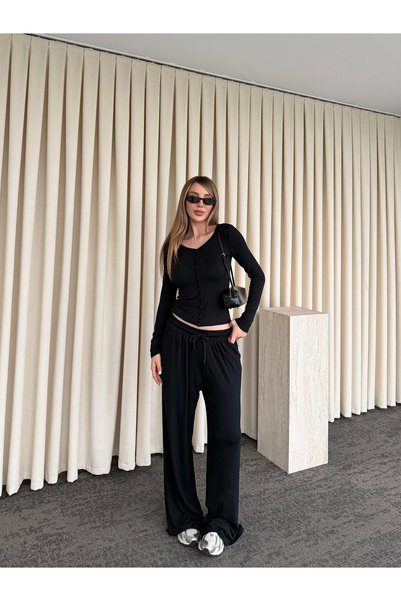 Black 100% Cashmere Buttoned Set - 4244