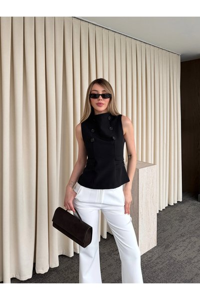 Black Adjustable Belted Buttoned Blouse - 70265