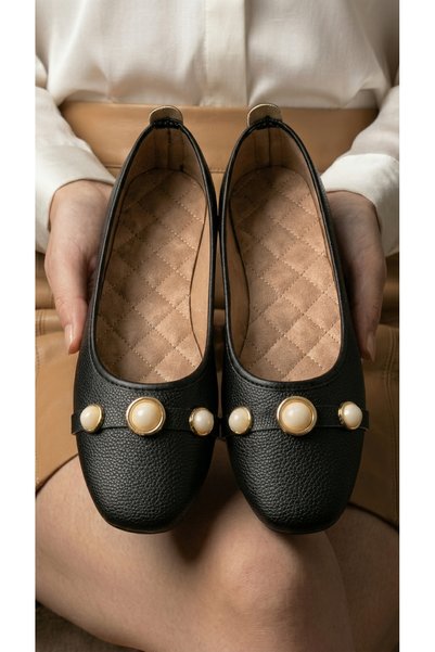 Women's Black Pearl Detailed Leather Ballerinas 1cm Byndvb03