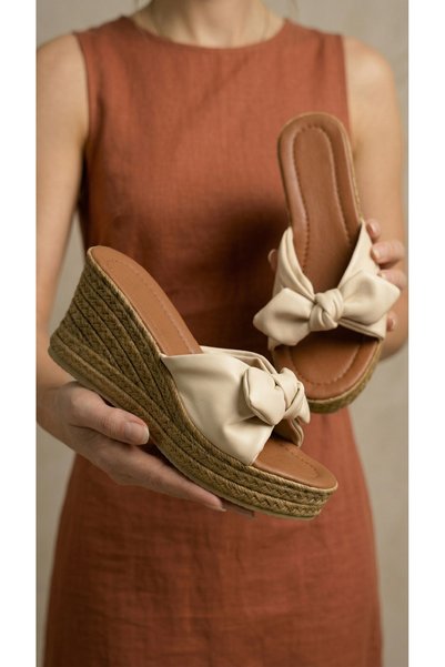 Women's Beige Bowknot Platform Slippers 8cm Byndpwrfy01