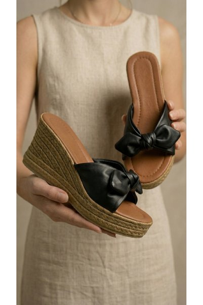 Women's Black Bowknot Platform Slippers 8cm Byndpwrfy01