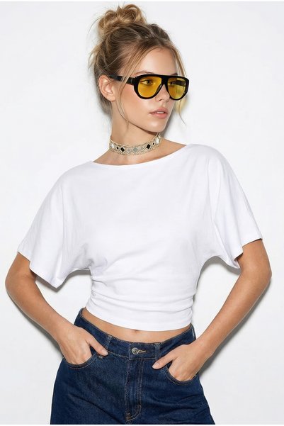 Women's Ecru Drawstring Waist Crew Neck T-Shirt Öt261003 60283996