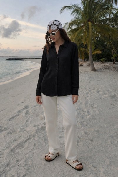 Women's Linen Look Summer Black Loose Shirt