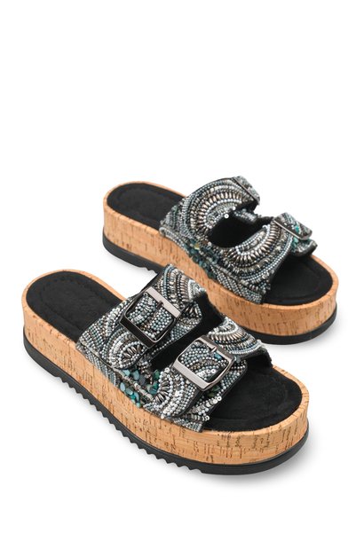 Elara Fia Women's Double Buckle Slippers 0012431 Black