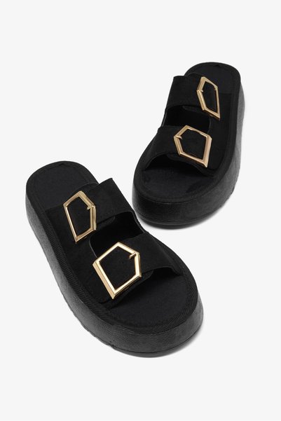 Women's Black Comfortable Fit High Sole Buckle Slippers