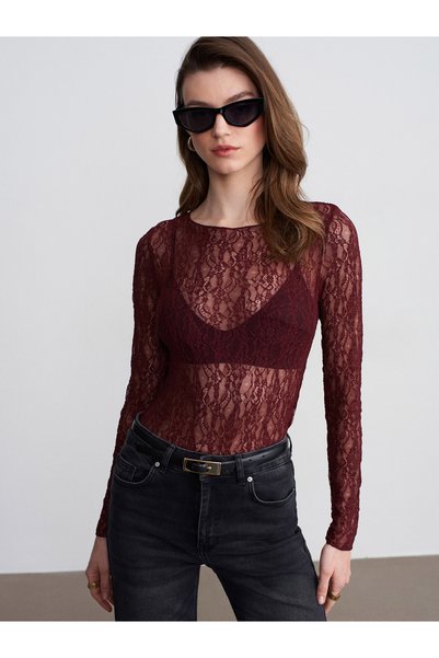 32764 Boat Neck Lace Top-Burgundy