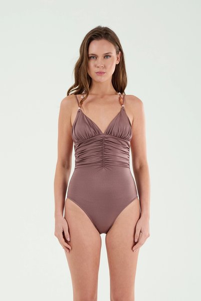 M22009 V-Neck Crossed Back Swimsuit-Salmon