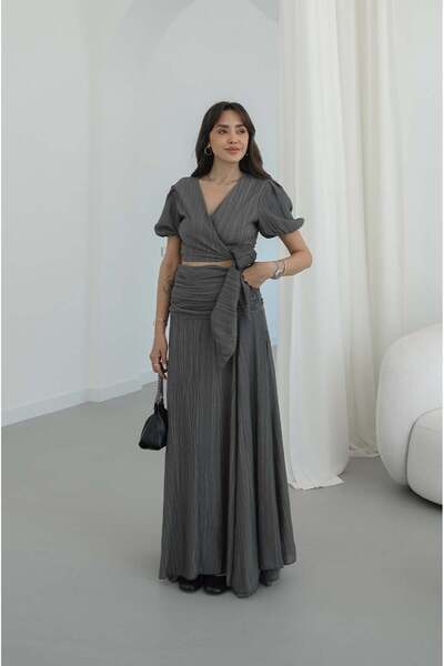 Anthracite Double-Breasted Tie-Back Blouse Skirt Set