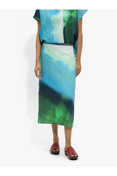 Women's 100% Linen Midi Patterned Skirt