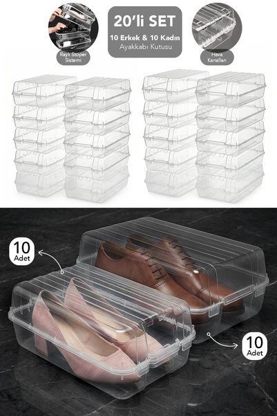 Set of 20 Transparent Shoe Boxes - Women's & Men's Shoe Storage Box Organization Travel Organizer