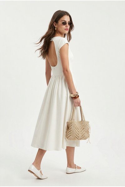 Women's Verano Lined Backless Boat Neck Midi Woven Ecru Dress