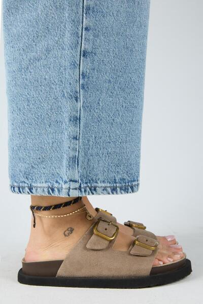 Sevalli Women's Leather Genuine Leather Double Buckle Mink Slippers