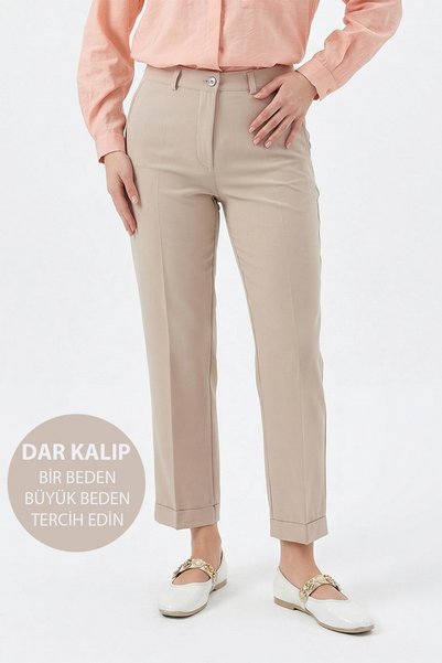 Plus Size Women's Slit Detail Ankle Length Fabric Trousers 07 Beige