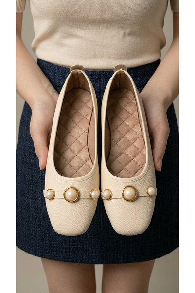 Women's Beige Pearl Detailed Leather Ballerinas 1cm Byndvb03