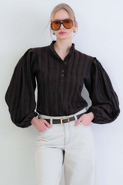 Bitter Coffee Judge Collar Buttoned Front Balloon Sleeve Ruffle Fabric Shirt Blouse Alc-X15405