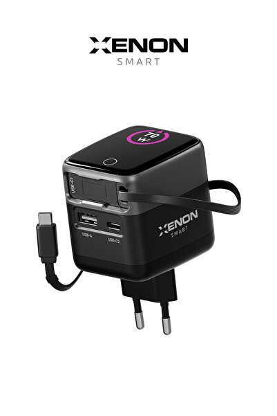 Адаптер за брзо полнење | 70W, GaN, USB-C & USB-A, вграден Type-C кабел, PD PPS, дигитален дисплеј (X6413)
