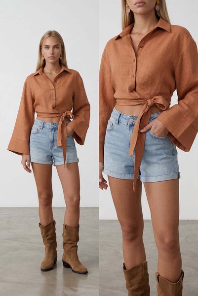 Women's cinnamon wide cuff sleeve detailed front tie linen shirt alc-x15424