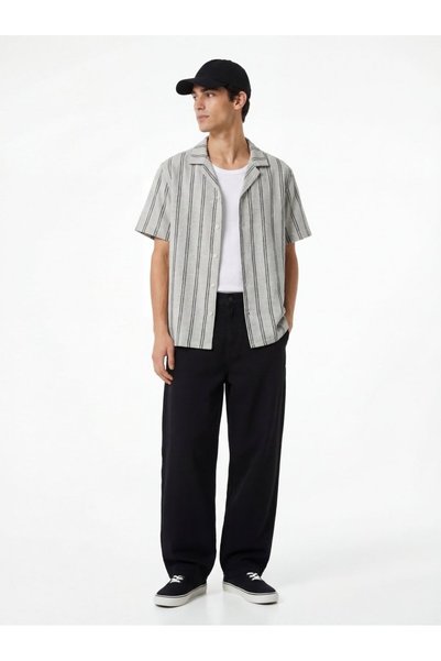 Cuban Collar Striped Jacquard White Shirt