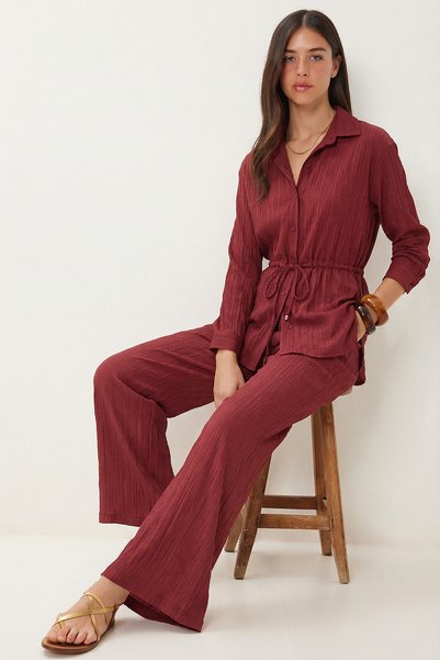 Textured Top and Bottom Set with Tie-Up Detail Lci0067 Mürdüm