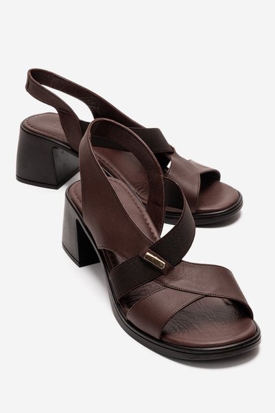 Crina Brown Genuine Leather Elastic Women's Thick Heeled Sandals