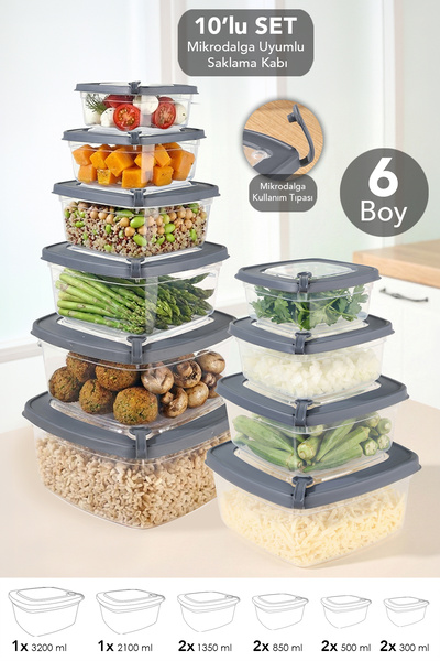 10-Piece Square Transparent Microwaveable Lid Storage Container - Microwave Safe Organizer Food Container Gray